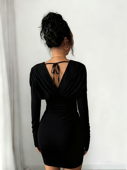 Elegant Black Pearl Detail Fitted Midi Dress | V-neck Tie Back, Chic Feminine Style, Bodycon Fit, Solid Color