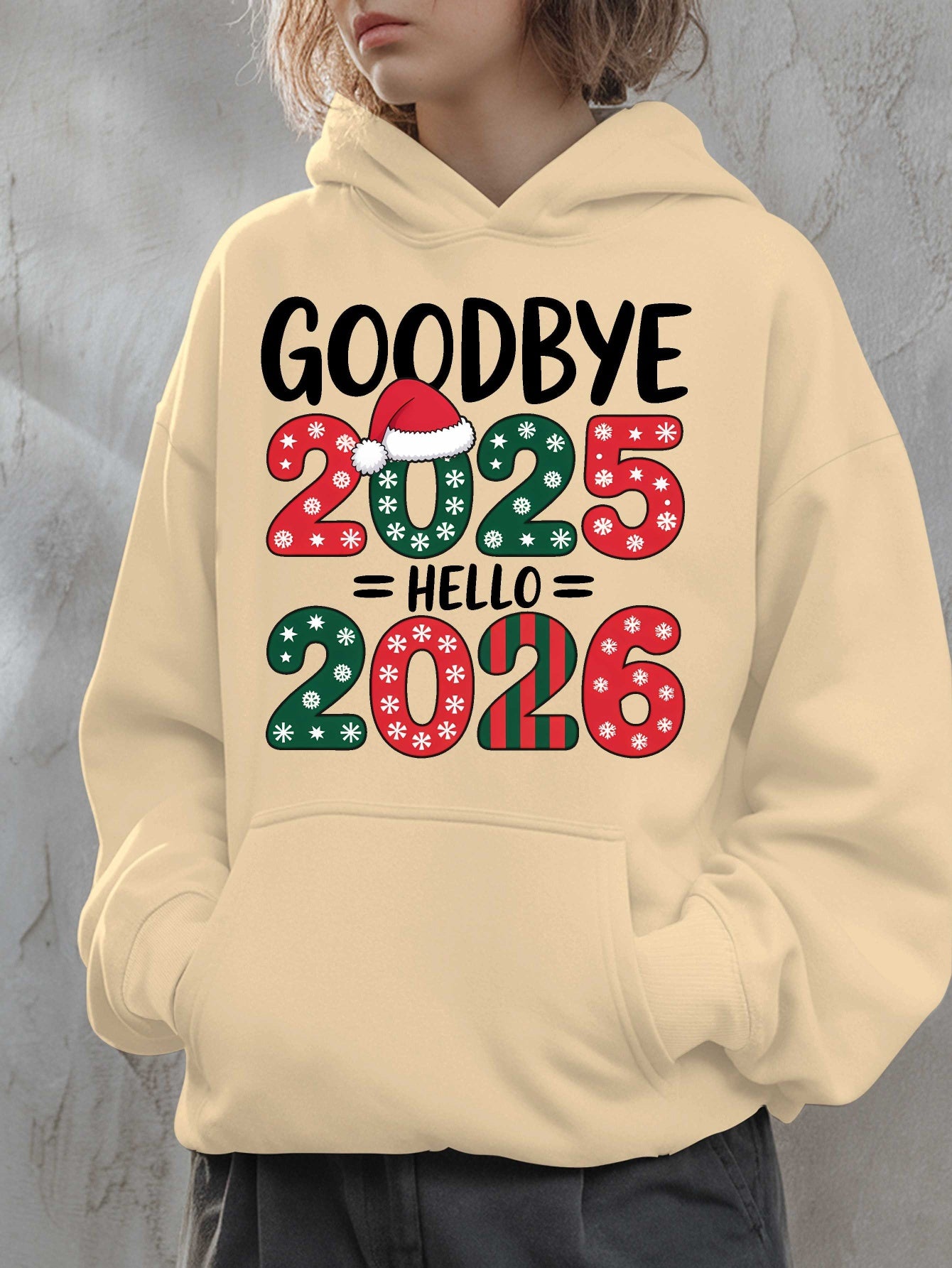 Women'S Hoodie - Goodbye 2025 Hello 2026 Sweatshirt with Christmas Countdown Design, Beige Pullover Hoodie, Front Pocket for Fall/Winter, Cozy Long Sleeve Sweater for New Year'S Eve & Everyday Winter Outfits - Perfect Gift fo