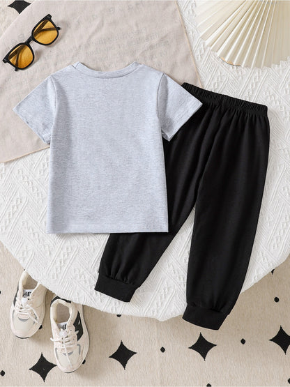 Boys' Casual Cotton Tee & Pants Set - Soft, Breathable, All-Season