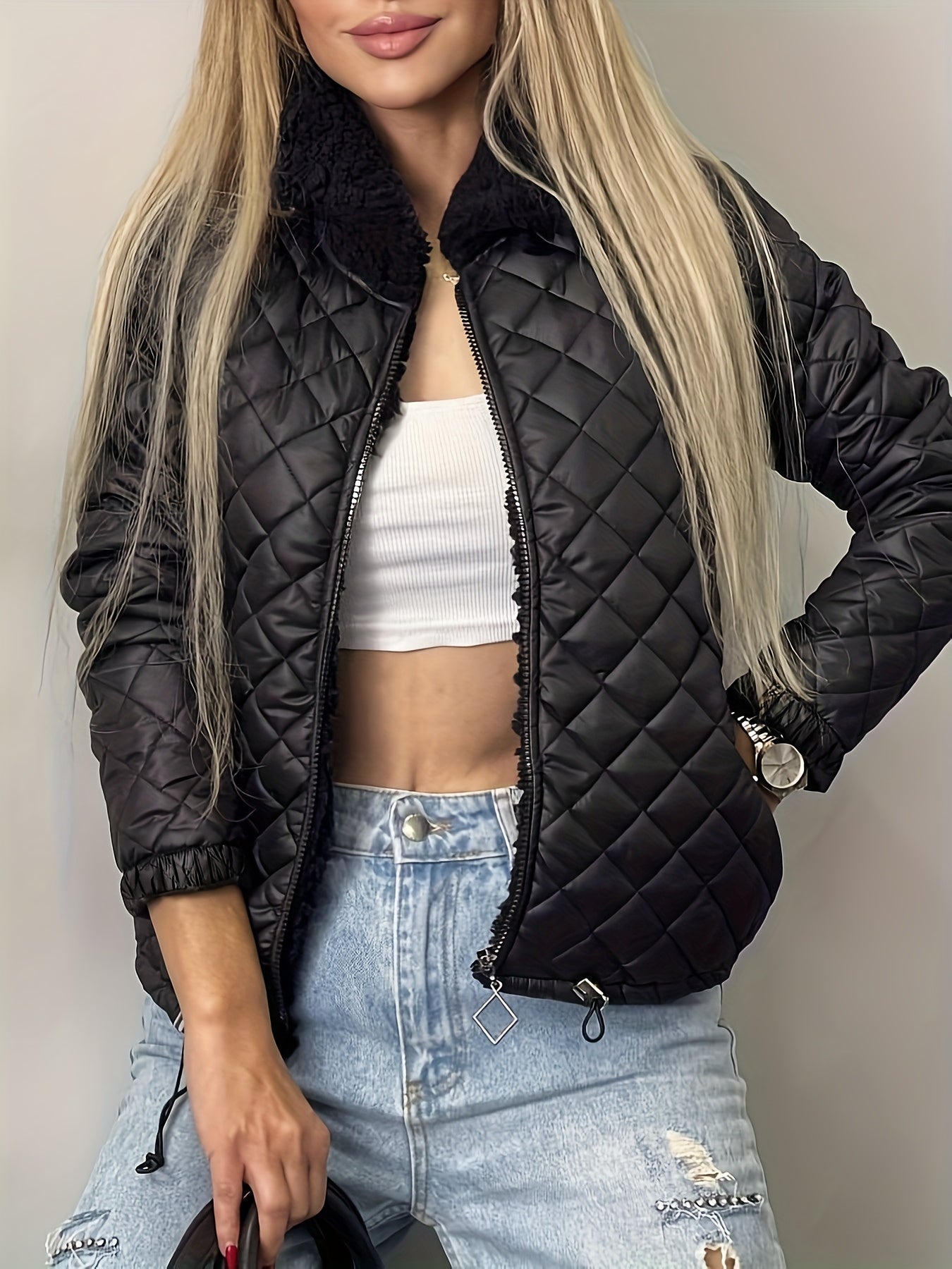 Women'S Cozy Quilted Jacket - Long Sleeve, Zip-Up, Warm Casual Outerwear with Pockets, Perfect for Fall & Winter, Casual Winter Wear | Zippered Jacket | Quilted Design