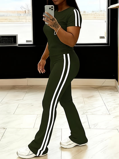 Sla Yue Lingshan Spring/Summer Solid Color Striped 2pcs Set, Women's Short Sleeve Flared Pants Suit, Slim Fit Swear, Casual Loungewear, High-Waist Slightly Flared Long Pants