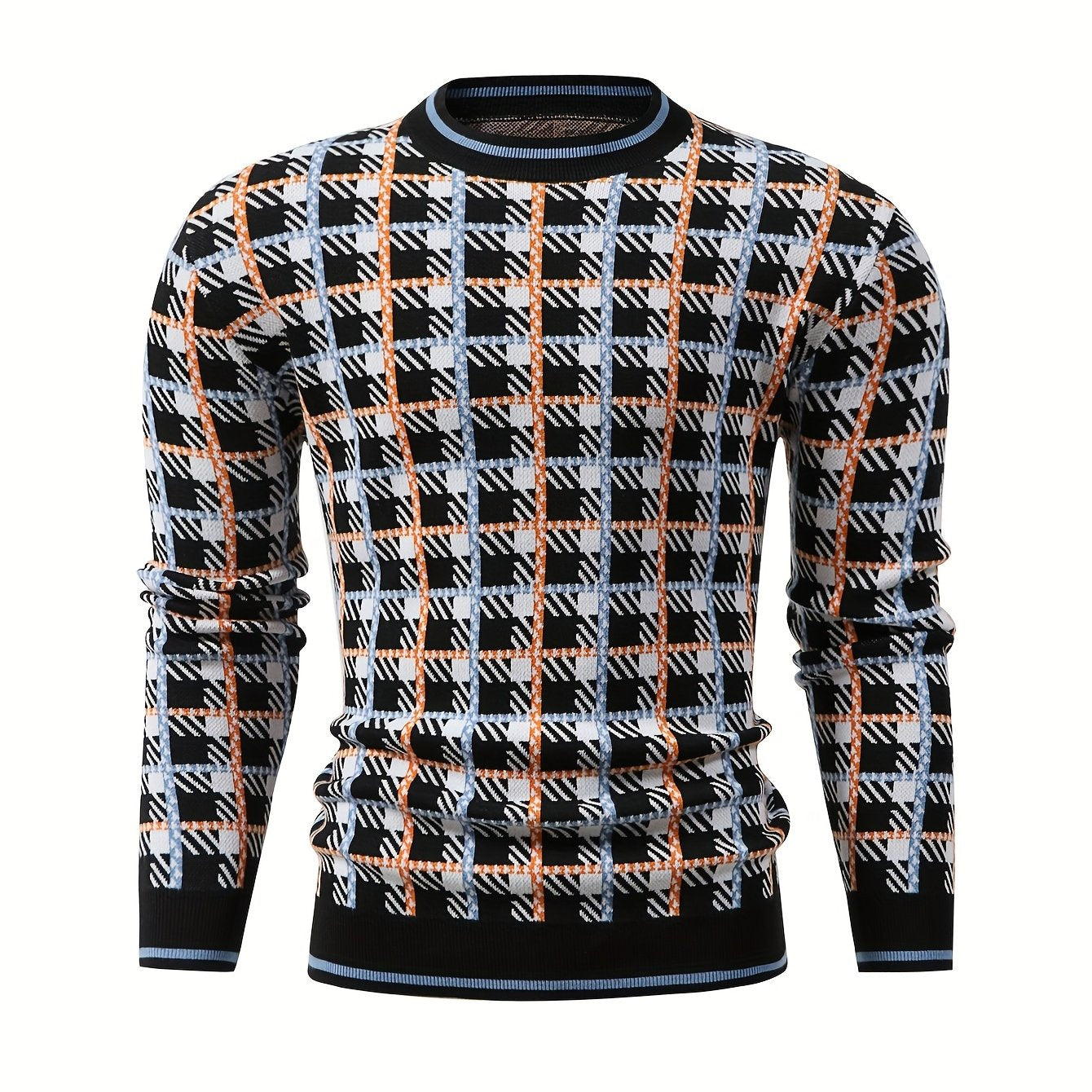 Men's Fashion Geometric Jacquard Plaid Knit Pullover