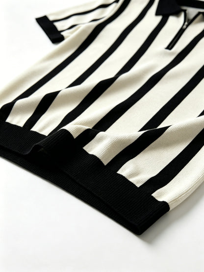 Men's Slim Fit Vertical Stripe Knit Polo with Half-Zip Collar