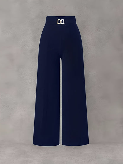 Elegant Wide-Leg Stretch Pants for Women - Solid Color, All Season
