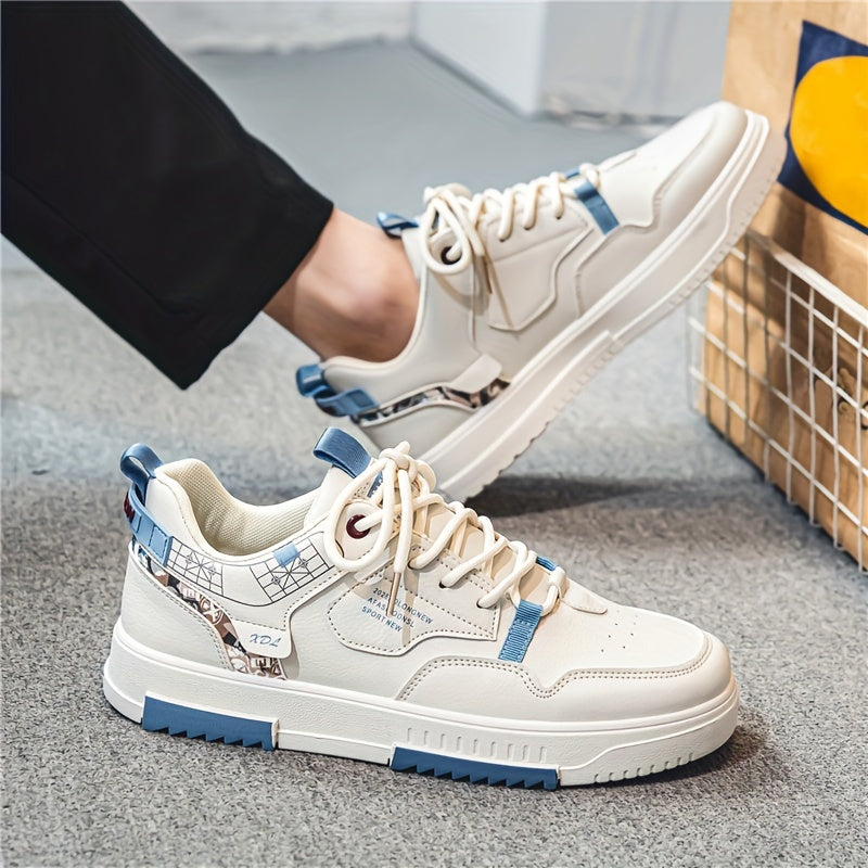 Men's Skate Shoes with Good Grip  Breathable Design - PU Upper, Cushioned PVC Sole, Black/Blue Letter Pattern Lace-Up Sneakers for All-Season Casual  Sports Wear, Allseason Shoes   Modern Casual Shoes   Comfortable Wear