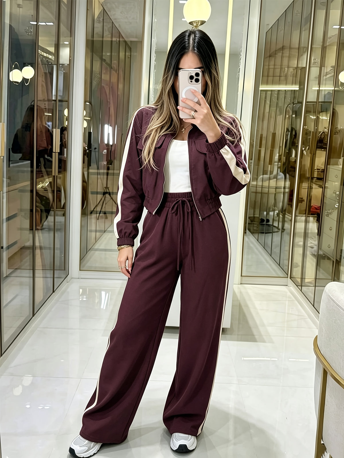 Women's Burgundy Two-Piece Casual Suit with Stripe Detail - ayq