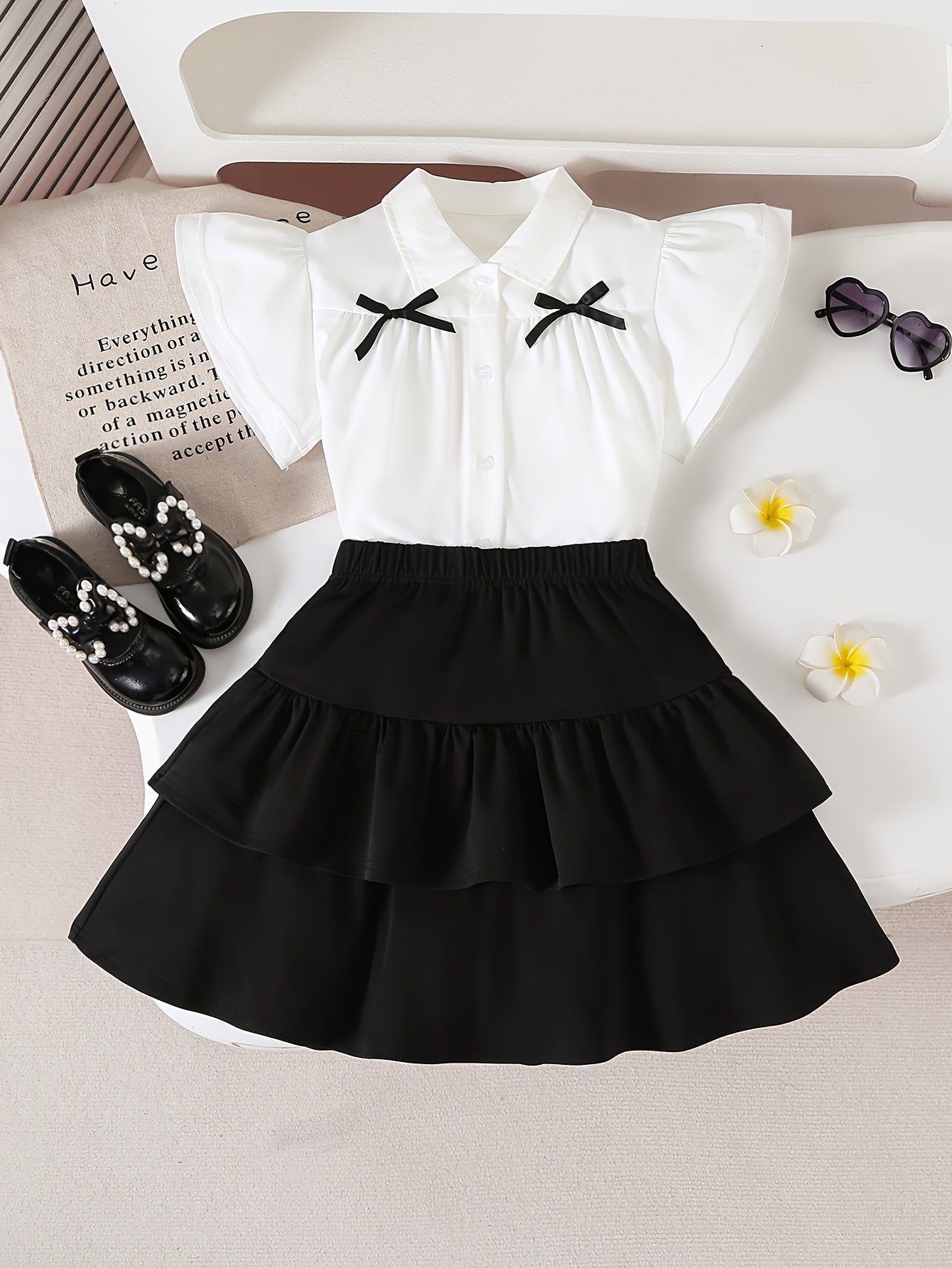 Girls' Summer Preppy 2-Piece Ruffled Shirt and Tiered Skirt