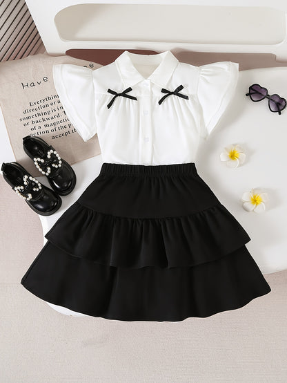 Girls' Summer Preppy 2-Piece Ruffled Shirt and Tiered Skirt