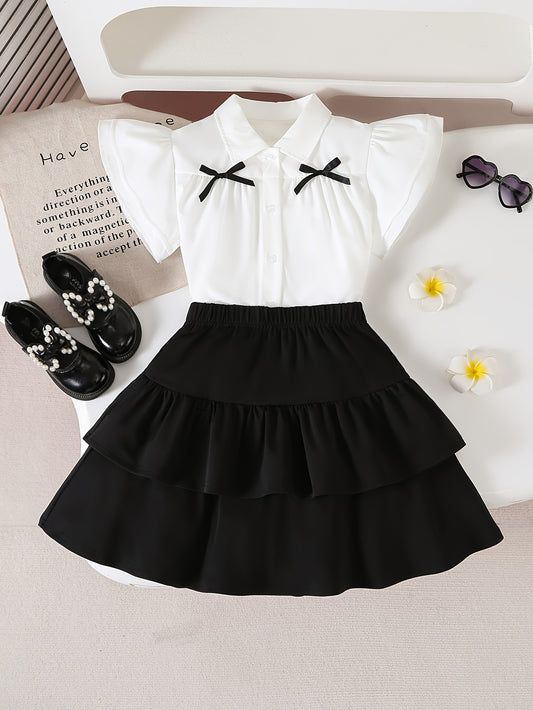 Girls' Summer Preppy 2-Piece Ruffled Shirt and Tiered Skirt