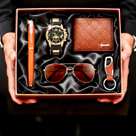 5pcs3 Men's handsome high-end fashion quartz watch + wallet glasses key chain gel pen value gift box set is the best choice for holiday birthdays