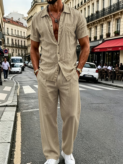 Men's Casual Linen Shirt and Pants Set for Summer Comfort