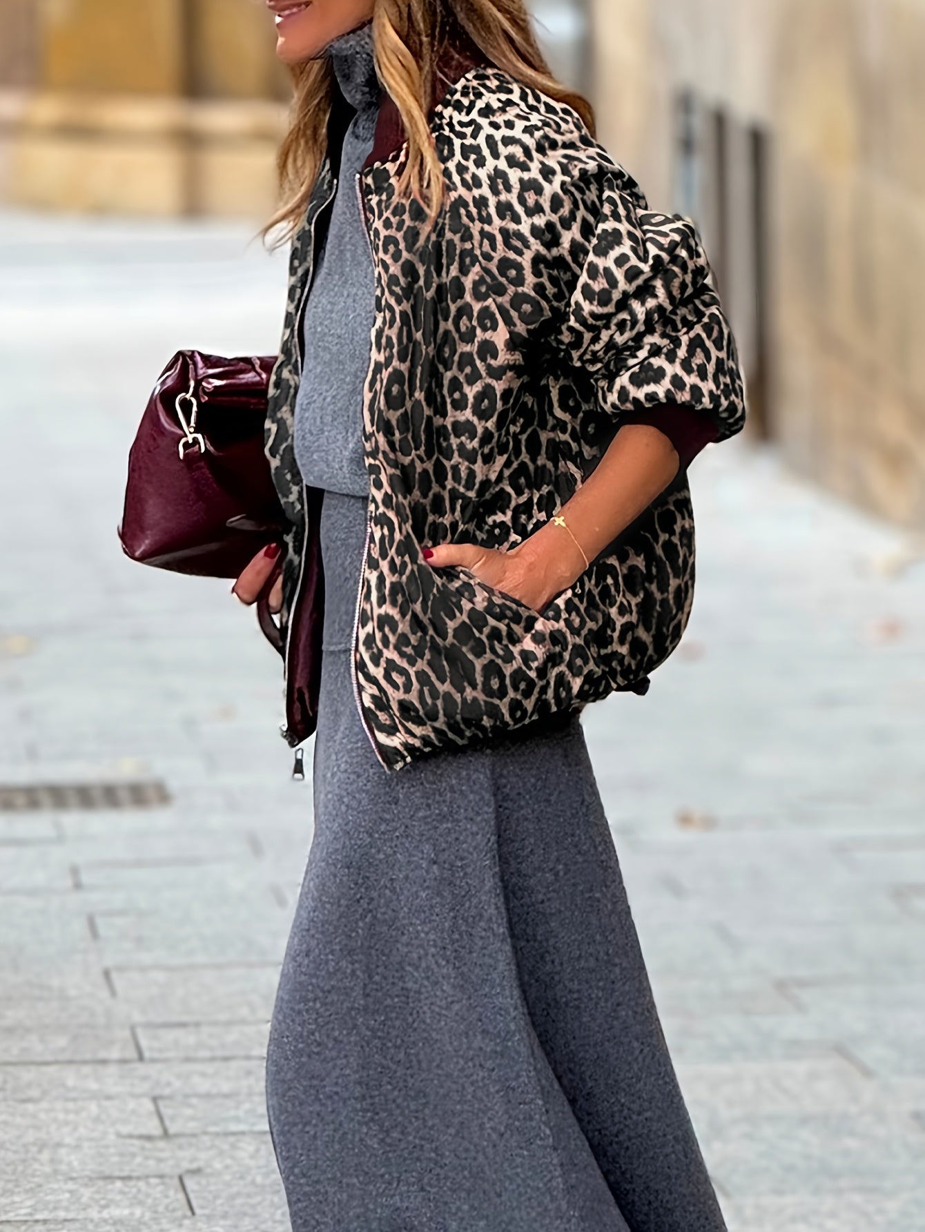 Women'S Double-Sided Reversible Zipper Front Jacket - Leopard Print & Burgundy Casual Coat, Fashionable Thickened Fabric, Durable Outerwear for Trendy Enthusiasts, Leopard Print Jacket, Trendy Outerwear, Doublelayered Design