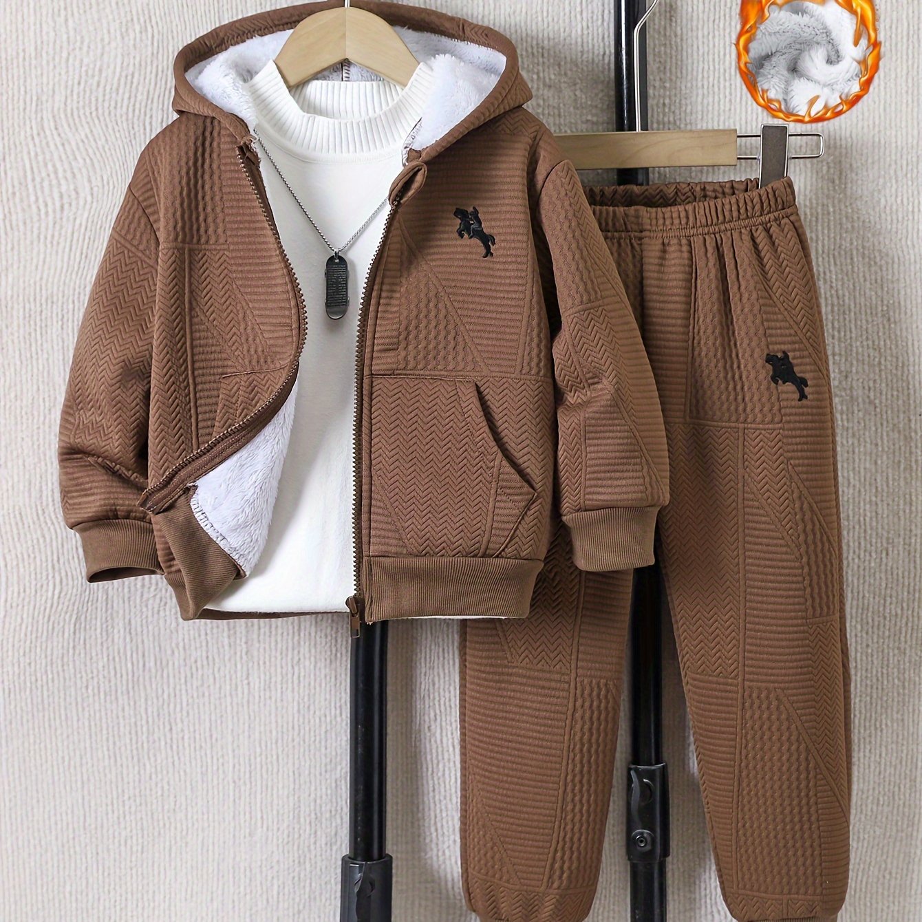 2pcs Boys' Casual Outfit Set, Long Sleeve Hooded Jacket with Embroidery and Zipper, Geometric Pattern Knit Pants, Polyester with Spandex Lining, Regular Fit for Autumn/Winter, for Outdoor