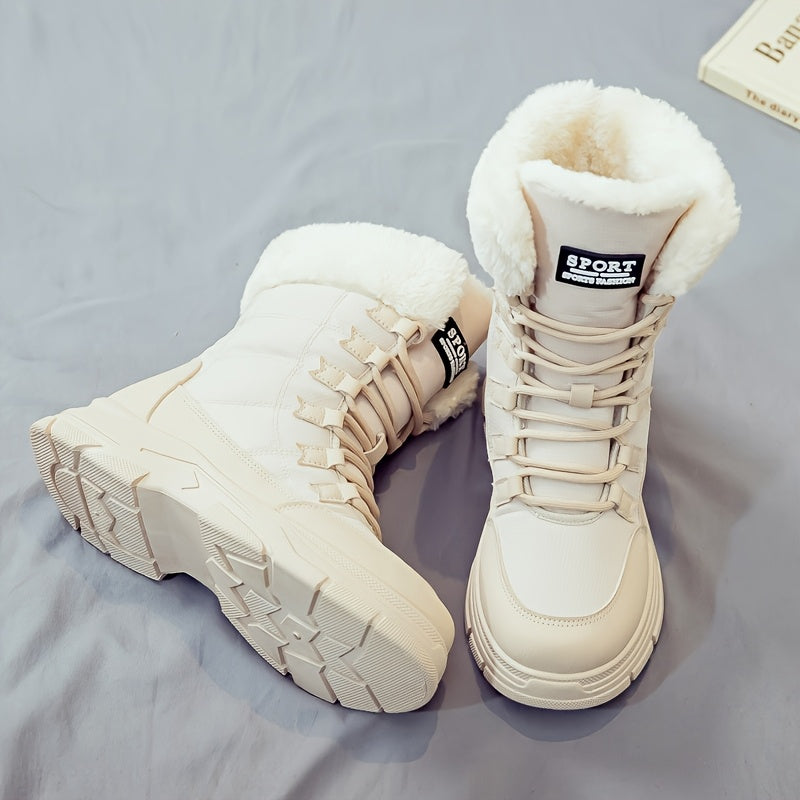 Women'S Winter Boots - Thick Platform Sole for Height & Traction, Lace-Up Mid-Calf Boots with PU Synthetic Cover Upper, Non-Slip PVC Outsole - Beige/White Cold Weather Shoes for Everyday, Formal, Party - Easy-Clean & Durable