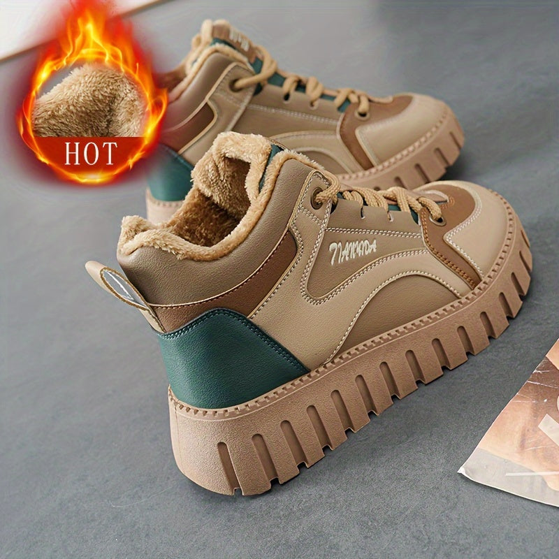 Women's Winter Thermal Snow Boots With Fleece Lining, Height Increasing Platform Thick Sole Comfortable Lace Up Mid Tube Boots