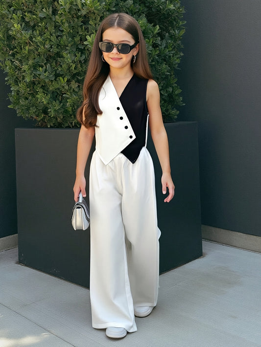 Girls' Summer Color Block Vest Top & Wide-Leg Pants Set