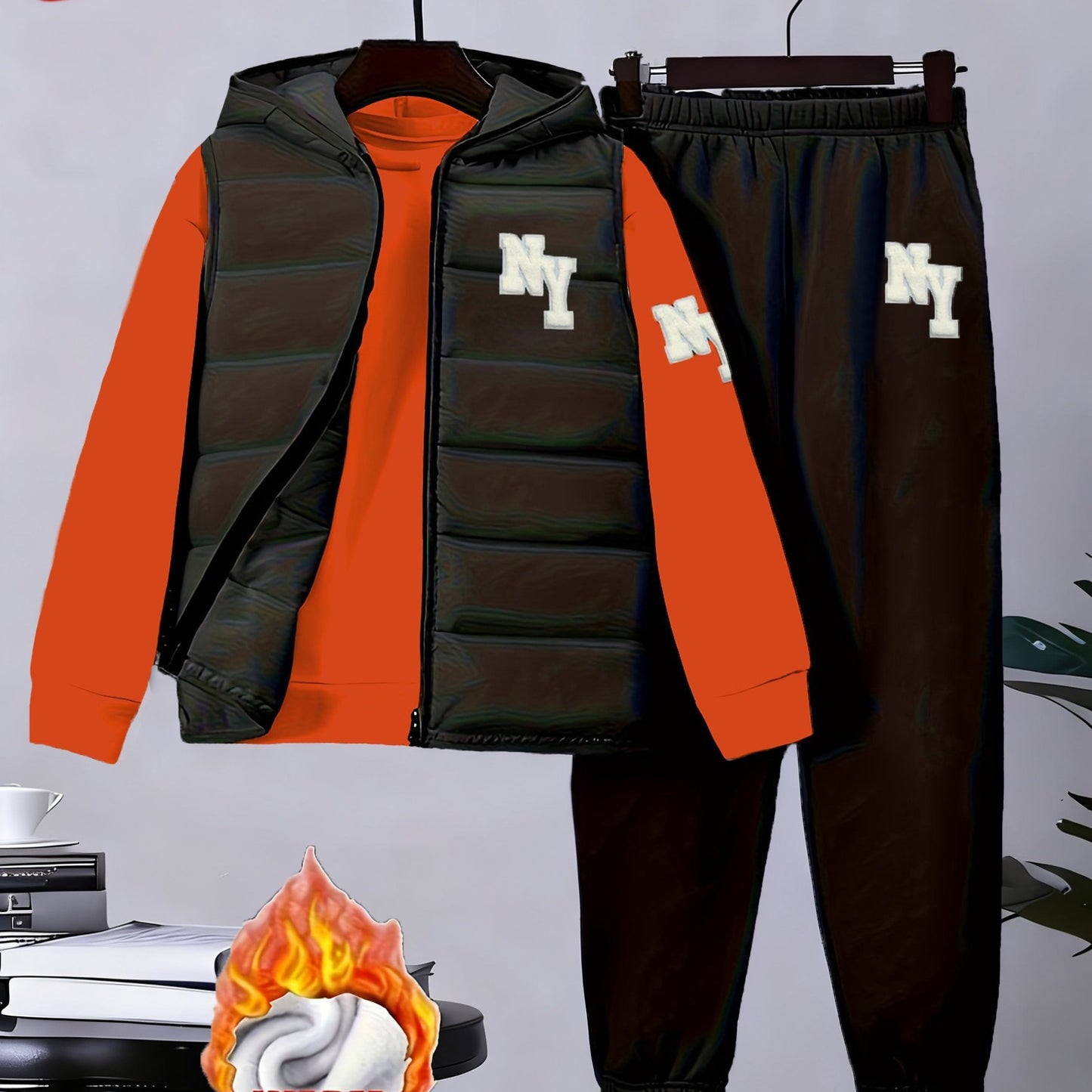 3pcs Boys' Winter Warm Uniform Set - NY Logo Lettered Jacket, Sweatshirt & Pants with Numbered Parch-Like Strips (8-12 Years) | Machine Washable 3pcs Outfit for, & Cold Weather | Non-Stretch Layered Clothing, Perfect for Outd