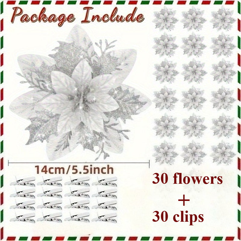 60 Shiny Flower Clips - 5.5-Inch Large Decorative Set, Suitable for Christmas, Weddings, New Year & Family Gatherings - Includes 30 Flowers & 30 Clips, Easy To Hang, Best For Christmas