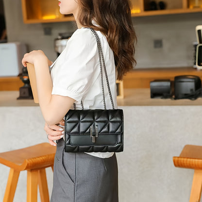 A Women'S Black Plaid Crossbody Bag with a Stylish Chain Shoulder Strap, Featuring a Flap Closure And PVC Lining, Designed for Ladies - Urban Style, Not Washable