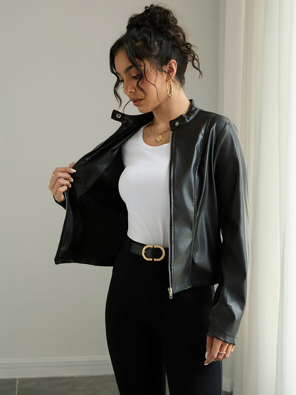 Women's Elegant PUPU Leather Jacket - Full-Zip Long Sleeve Motorcycle Coat with Stand Collar, -Tone Hardware & Smooth Leather Texture, Spring/Fall Outerwear for Casual & Formal Outfits (//Tan) - Non-Stretch Durable Leather, Z