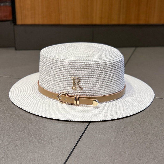 Women's Summer Straw Sun Hat with French Belt - Retro Beach Style
