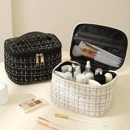 Beige Plaid Large-Capacity Travel Toiletry Bag for Women