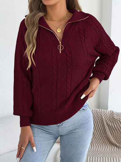 Autumn and Winter Leisure Vacation Pullover Sweater Solid Color Zipper Lapel Women's Sweater