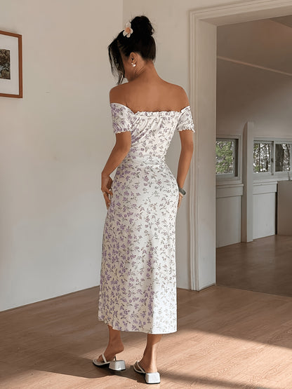 White Off-Shoulder Midi Dress with Pink Floral Print, Sleeveless