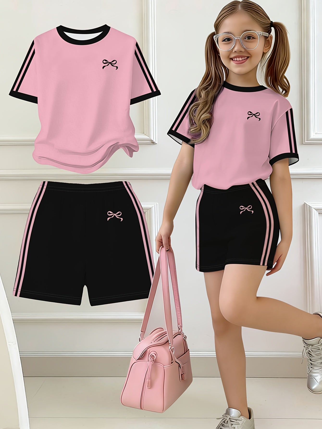 Girls' Butterfly Print Bow Short Sleeve Tee & Shorts Set