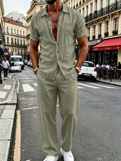 Men's Casual Linen Shirt and Pants Set for Summer Comfort
