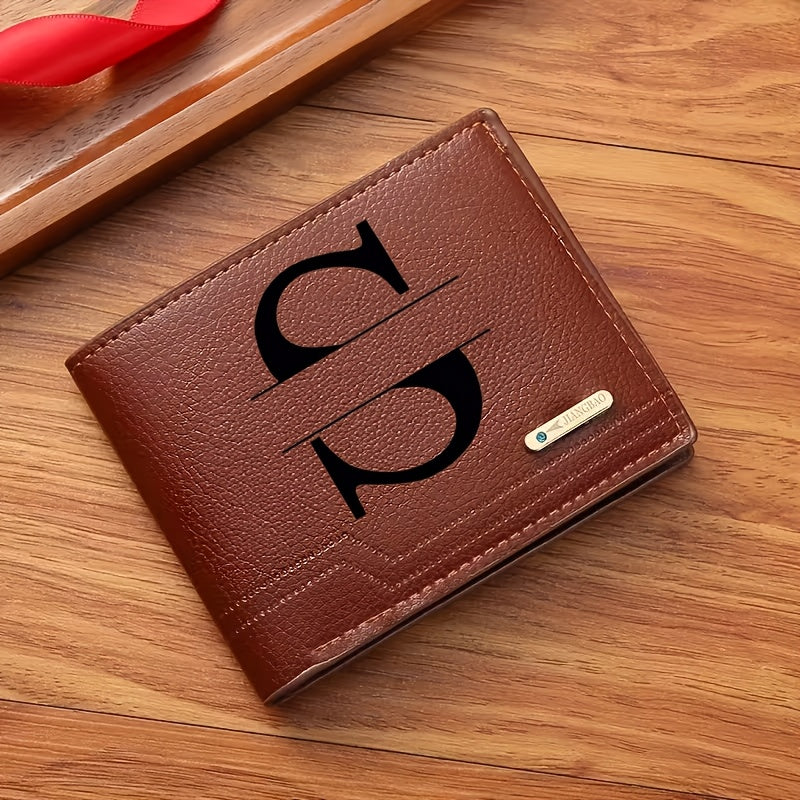 1pc Men's Business Style Faux Leather Wallet, Customizable Text and Initials, Solid Color Faux Leather with Contrast Accents, Compact Short Bifold Design for Easy Carrying - Perfect Birthday Gift for Boyfriend and Father, Per