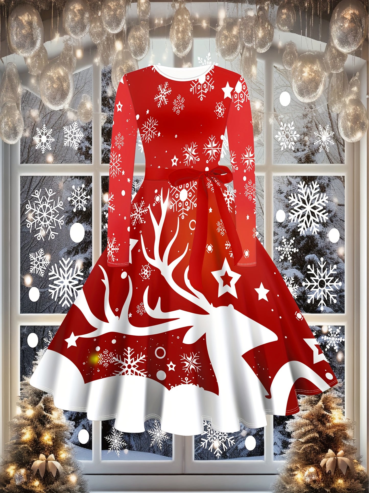 Women's Red & White Poinsettia & Deer Print A-Line Floor-Length Dress with A-Line Hem - Winter Red & White Snowflake Print with Ruffled Neckline & Belted Waist - Machine Washable Elegant Party Wedding Christmas New Year's Eve