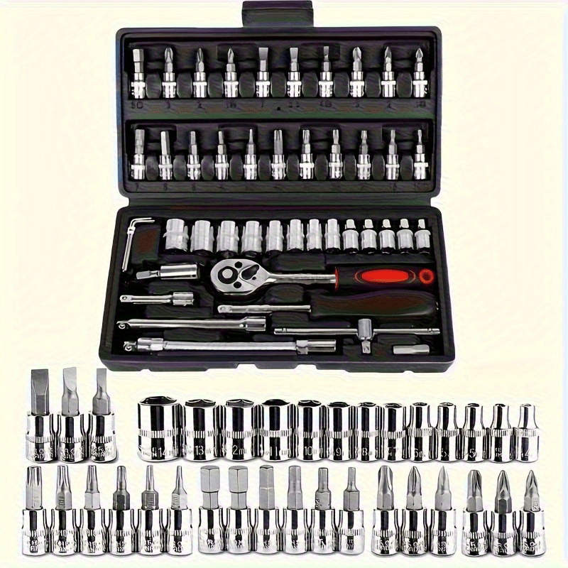 46pcs Heavy-Duty Stainless Steel Tool Set with Precision Ratchet Wrench, Screwdriver Bits & Sockets - All-in-One Mechanic'S Tool Kit with Impact-Resistant, Ergonomic Handle & Storage For Auto, Home