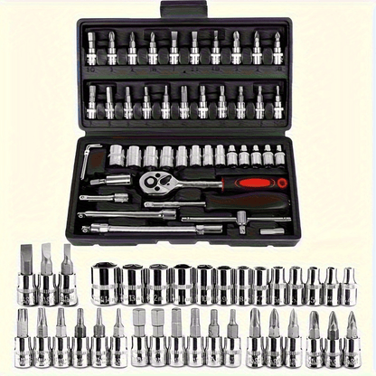 46pcs Heavy-Duty Stainless Steel Tool Set with Precision Ratchet Wrench, Screwdriver Bits & Sockets - All-in-One Mechanic'S Tool Kit with Impact-Resistant, Ergonomic Handle & Storage For Auto, Home