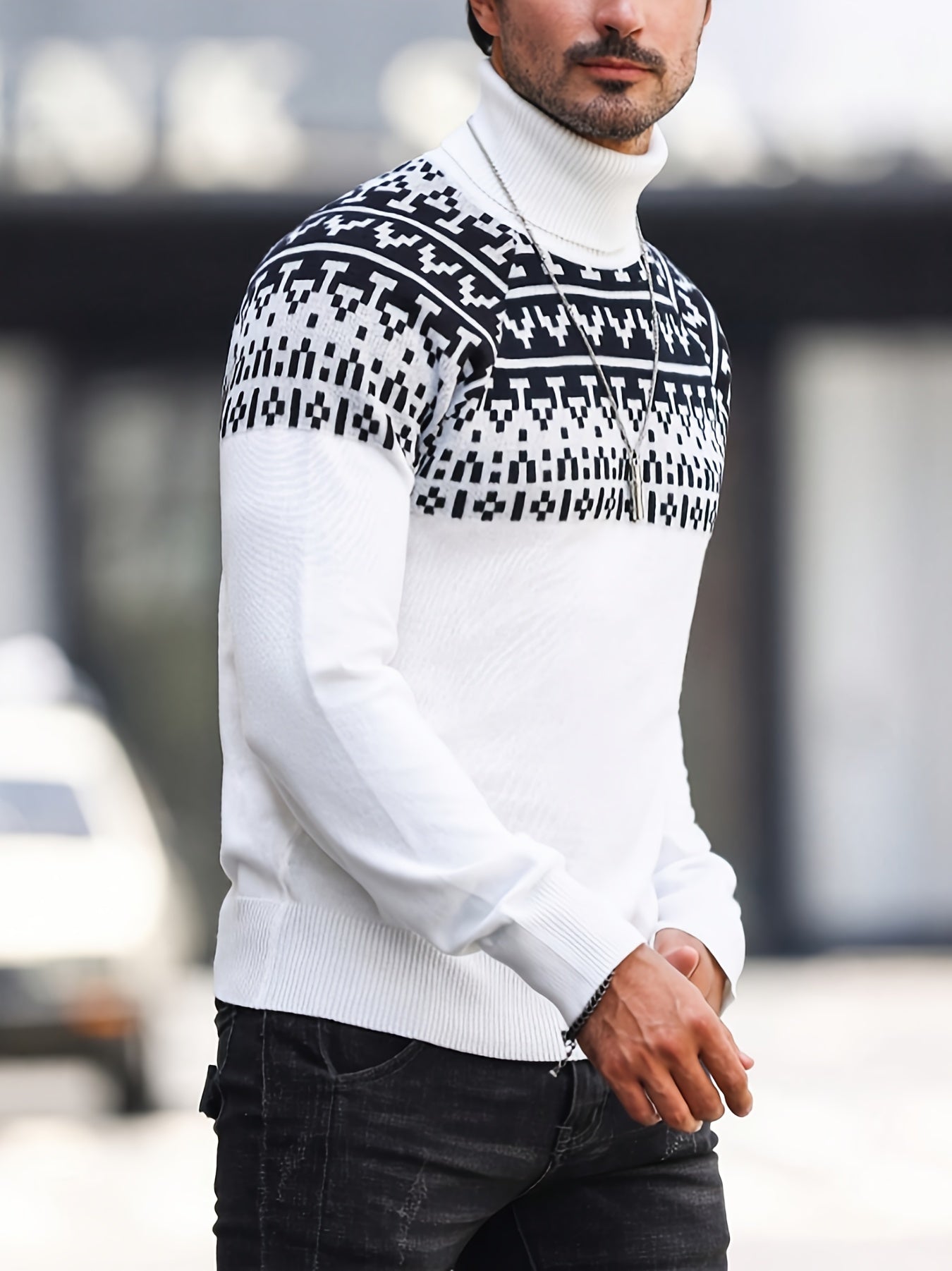 Men's Geometric Graphic Print Knitted Pullover, Casual Long Sleeve Turtle Neck Sweater For Fall Winter, Outdoor Cloth