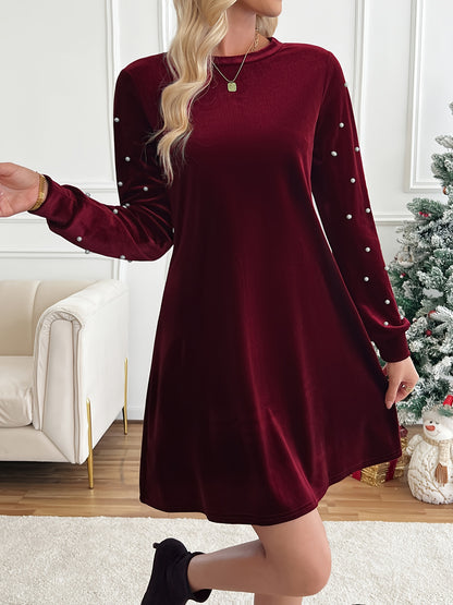 2025 Spring New Women's Elegant Pearl Beaded Lantern Sleeve Dress