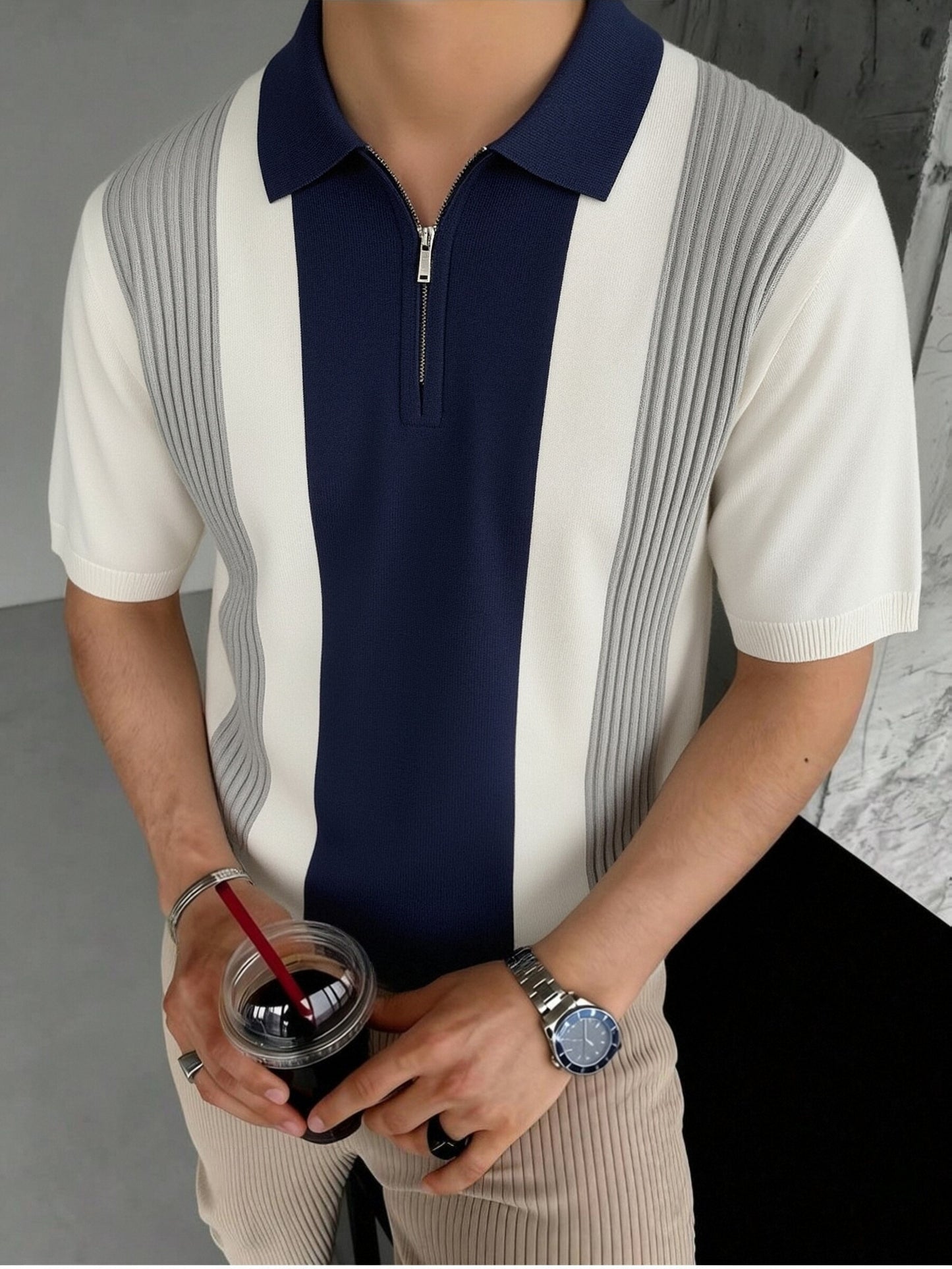 Men's Striped Knit Polo Shirt with Half-Zip for Summer Workwear