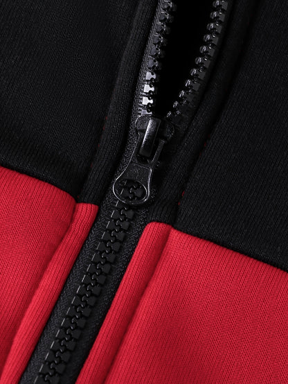 2pcs Boys' Autumn/Winter Fleece-Lined Hooded Zip-Up Jacket and Pants Set with Bird Print, Simple Color Block Design with Pockets, Fashionable Sporty Outfit for Outdoor Activities and Daily Wear, 100% Polyester Knit Stretch Fa