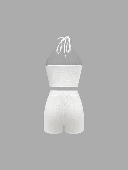 Women's Elegant White Lace Halter Crop Top & Shorts Set