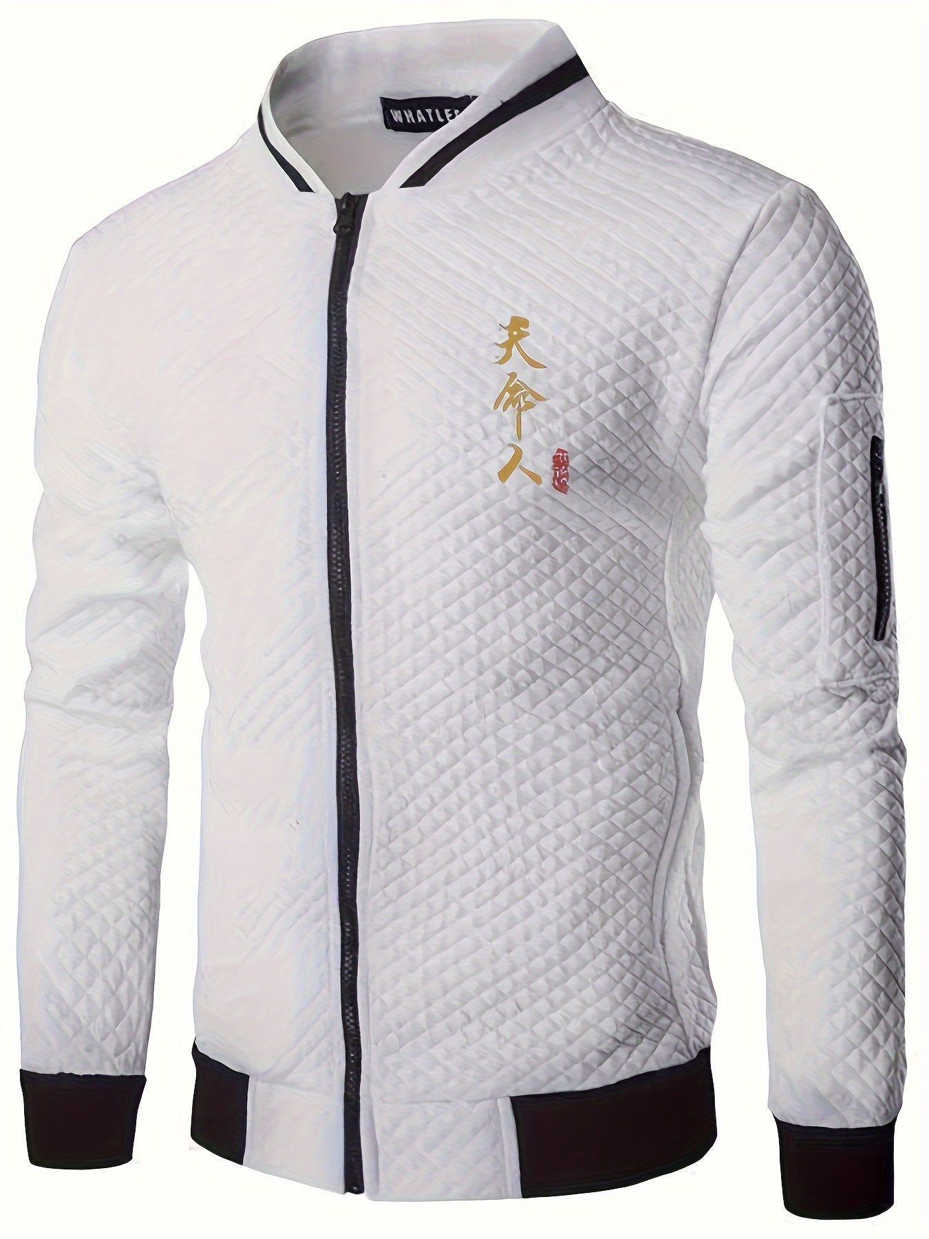 [Lightweight Design] Men's Navy Blue Varsity Jacket with Golden Embroidery - Casual Zip-Up Baseball Coat for Fall/Winter, Quilted Polyester Fabric, Loose Fit, Machine Washable