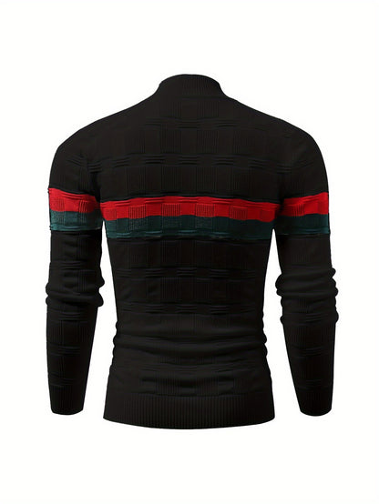 Temujin OBM Men's Fashion Mid-Neck Button Contrast Stripe Three-Dimensional Plaid Knit Top