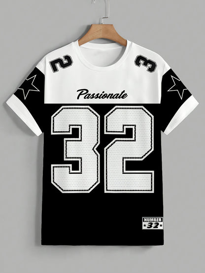Men'S Summer Casual Crew Neck T-Shirt - Short Sleeve, Print Number 32 Design, White  Black Contrast, Regular Fit Casual Top for Casual Attire, Leisure Clothing   Contrast Color Top   Comfortable Fit
