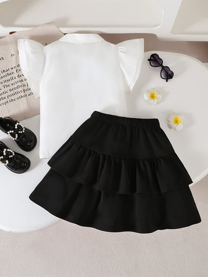 Girls' Summer Preppy 2-Piece Ruffled Shirt and Tiered Skirt
