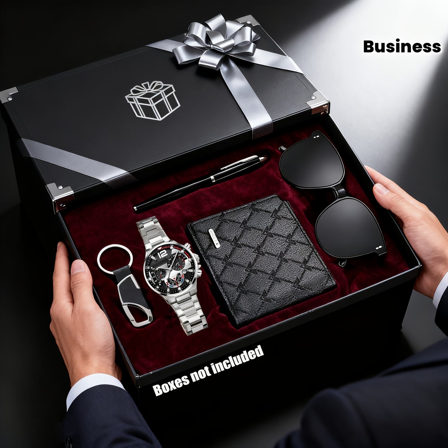 A Set of 5pcs Including a Stylish High-End Men'S Watch, Wallet, Glasses, Ballpoint Pen, And Keychain, Perfect for Business Gifting. an Excellent Choice for a Holiday Gift for a Boyfriend, Father, Family Member, Or Brother.