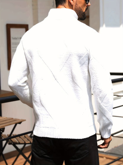 Men's High Neck Solid Color Long Sleeve Textured Geometric Pattern Knit Sweater Regular Fit Pullover