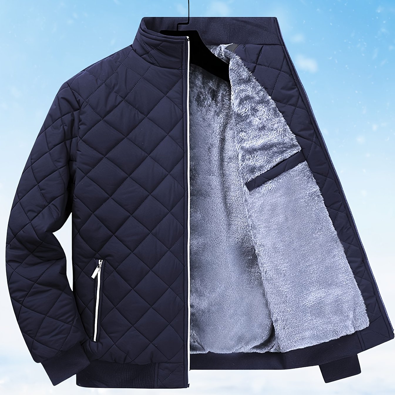 Men'S Diamond Pattern Fleece-Lined Jacket | Casual Stand Collar Warm Coat with Zipper Closure for Autumn and Winter