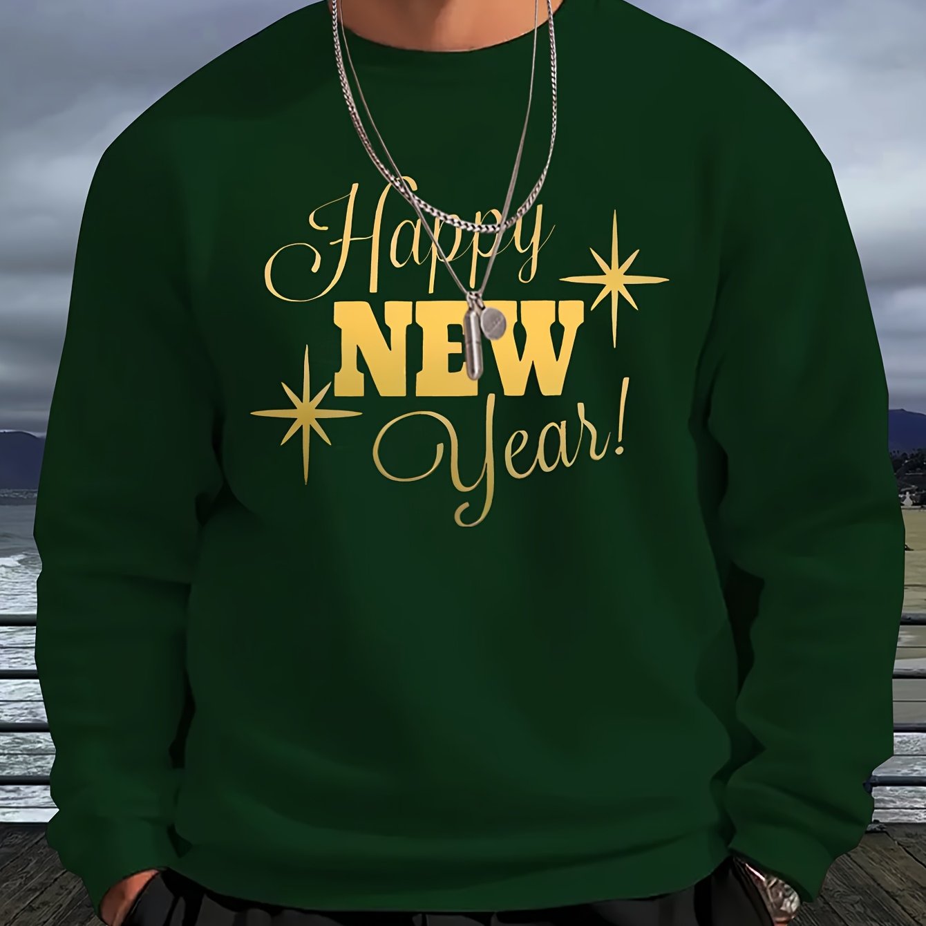 Men's Happy New Year Sweater - Loose Fit Round Neck Pullover Shirt with Golden Script, Light Grey & Machine Washable Casual Party Outfit for Everyday & Celebration Wear, Cute Sweaters, Festive Apparel, Festive Design, Durable