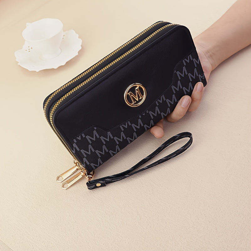 Women'S Elegant Patchwork Wallet & Wristlet Clutch - Large Capacity Double-Zip Coin Purse with Golden-Tone M-Logo, Golden-Tone Hardware & Wrist Strap