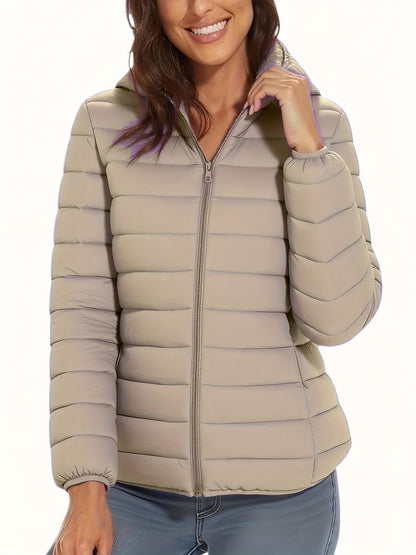 Lightweight Women's Hooded Zipper Padded Coat with Retractable Cuffs