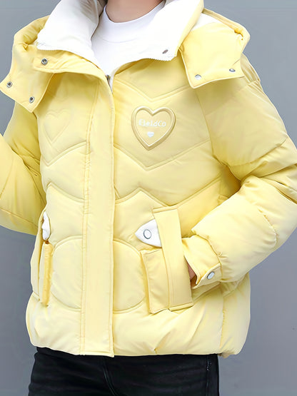 Women's Winter Hooded Jacket - Stylish Beige & White Zip-Up Coat with Heart Design, Warm Polyester Outerwear for Casual or Chic Looks, Winter Jacket